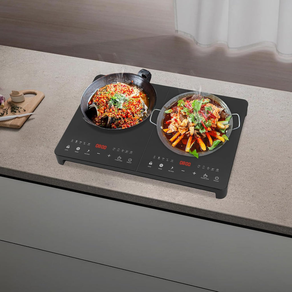 Double Induction Cooktop Burner with LED Display, 110V Quick Setting Function Portable Dual Induction Cooker Cooktop with Child Safety Lock & Time