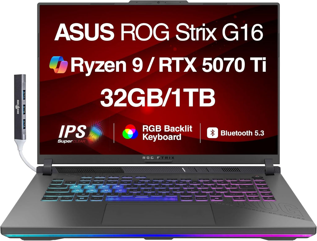 ASUS ROG Strix G16 G614 AI Gaming Laptop 16.0' 165Hz IPS WUXGA Display (AMD Ryzen 9 8940HX, GeForce RTX 5070 Ti 12GB, 32GB DDR5, 1TB PCIe SSD, RGB KB, Win 11 Home) w/DKZ USB Hub - G614PR-G16.R95070TI