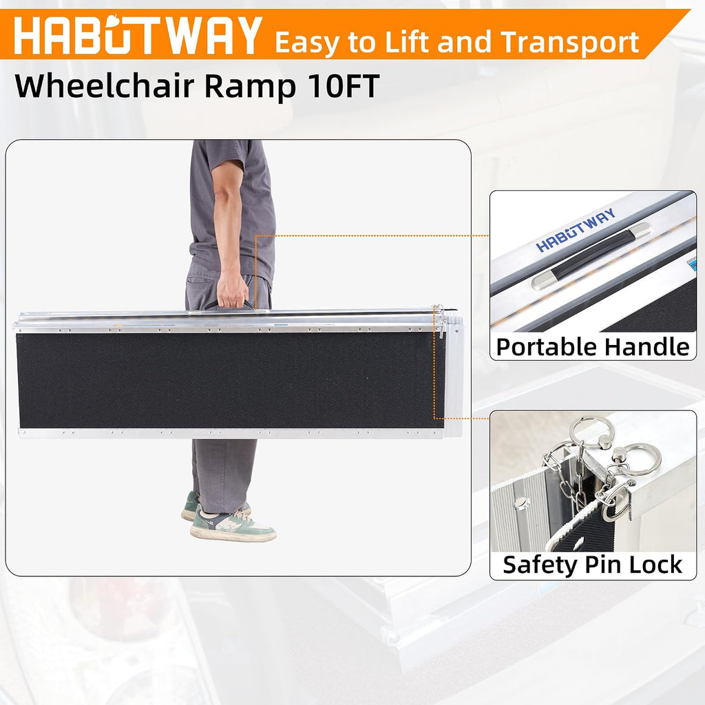 HABUTWAY 10ft Wheelchair Ramp, Portable Wheelchair Ramp with Support Legs, Double Non-Skid Ramps Hold Up to 800Lbs, Threshold Ramps for Home,Stairs, Curbs,Steps,Doorway