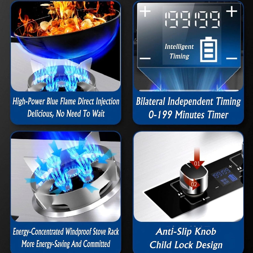 Portable Gas Stove with 2 Burners, 5.2KW-13 Cavity Wok Burner, Silver Tempered Glass Cooking Top, with Flame Failure Protection Device (Size : NG)
