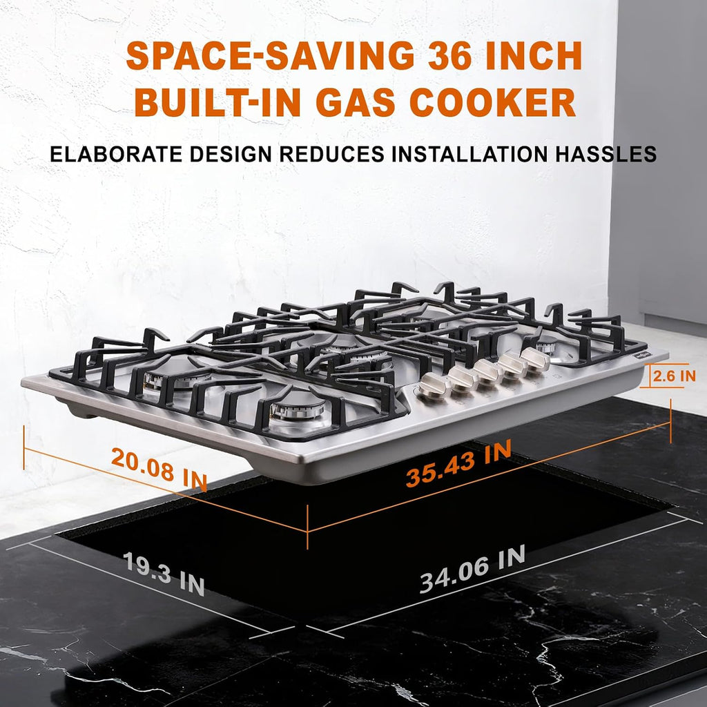 36 inch Gas Cooktop with 5 Italy SABAF Powerful Burners.Max 48,300 BTU/hr Built-in Gas Stove top of 304 Stainless steel,NG/LPG Convertible,ETL.