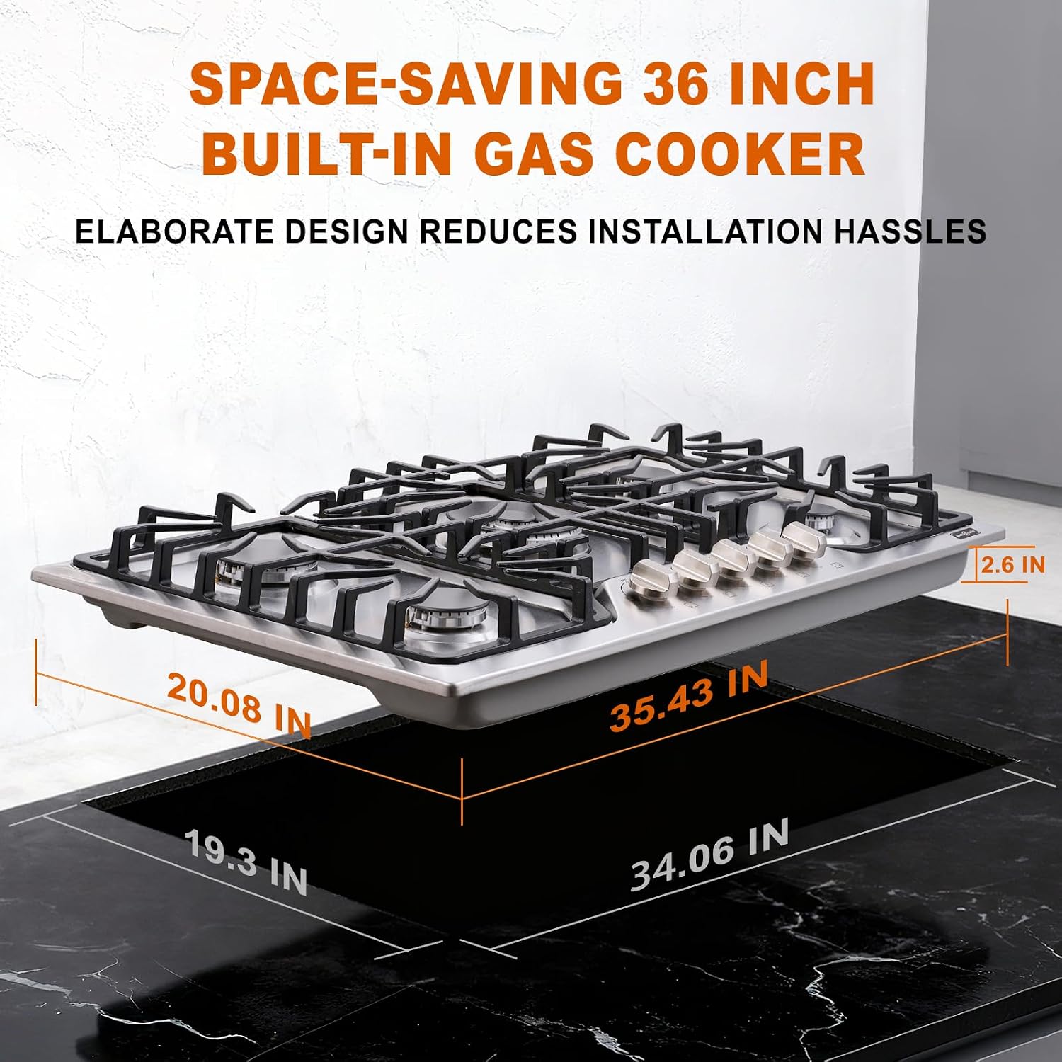 36 inch Gas Cooktop with 5 Italy SABAF Powerful Burners.Max 48,300 BTU/hr Built-in Gas Stove top of 304 Stainless steel,NG/LPG Convertible,ETL.