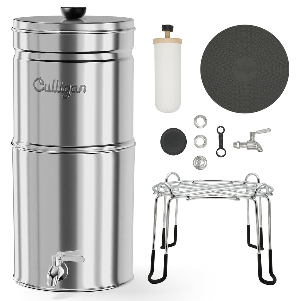 Culligan MaxClear 3 Gallon Gravity Water Filter System Removes Microplastics, PFAS & Lead, NSF/ANSI Certified, Polished Stainless-Steel Countertop Filter with 3 Ceramic Filters