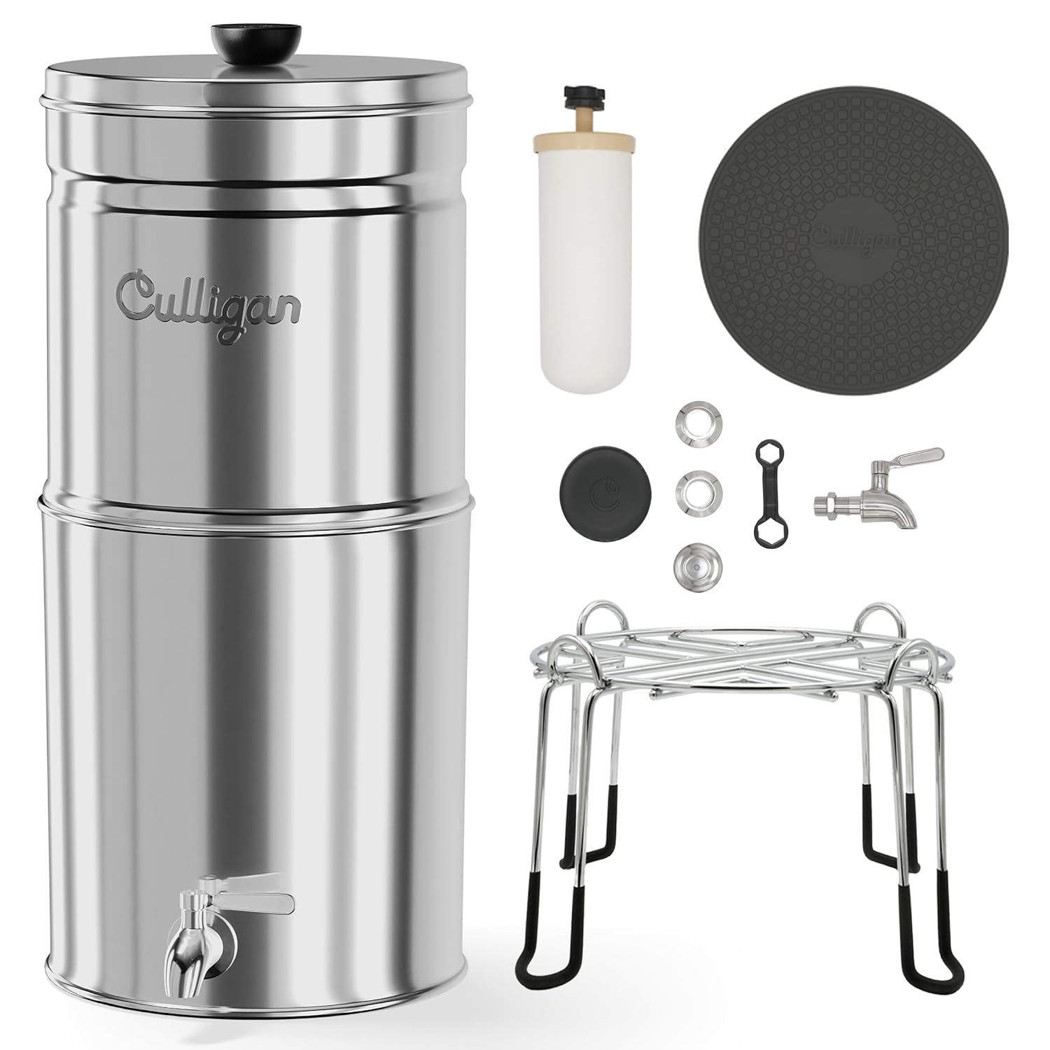 Culligan MaxClear 3 Gallon Gravity Water Filter System Removes Microplastics, PFAS & Lead, NSF/ANSI Certified, Polished Stainless-Steel Countertop Filter with 3 Ceramic Filters