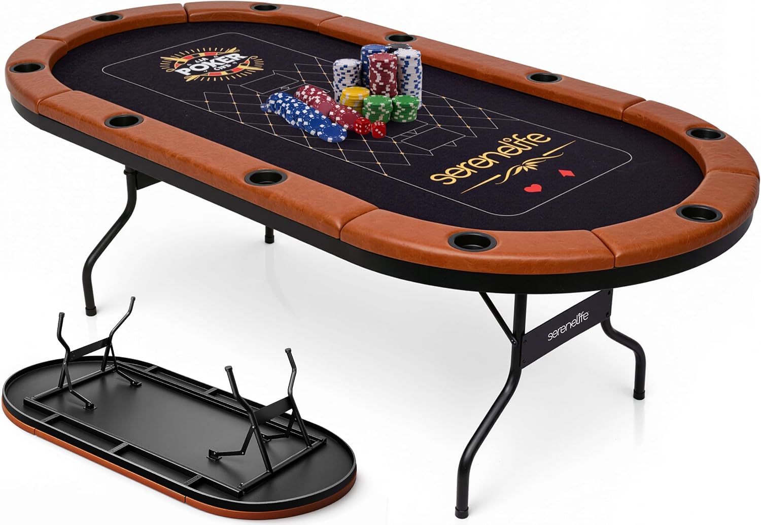 SereneLife 7ft Poker Table for 10 Players - Heavy Duty Oval Texas Hold'em Casino Table for Game Room, 25mm Reinforced Metal Legs, Durable Black PVC Rail, 10 Deep Cup Holders & Professional Layout