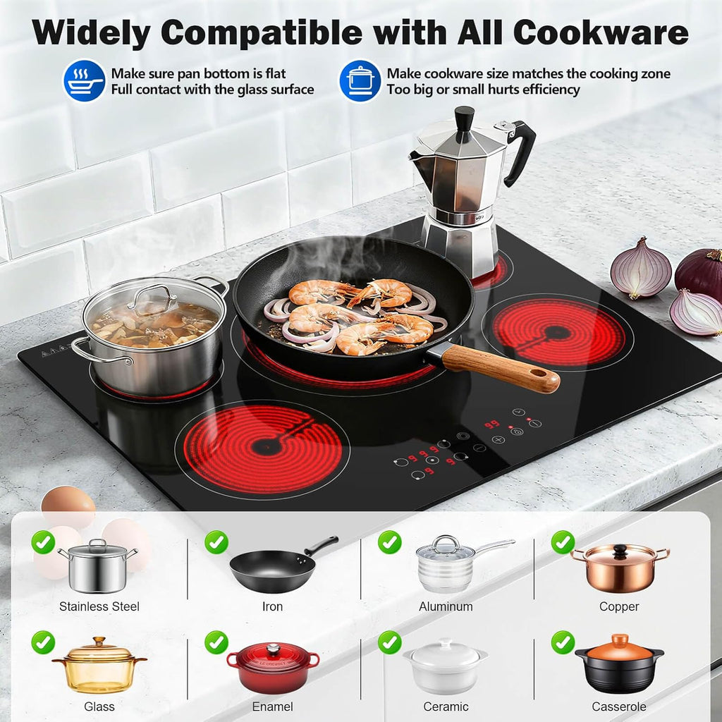 SNDOAS Electric Cooktop 30 inch,9000W 5-Burner Built-in Electric Stove Top with Ceramic Glass & 9 Power Levels,240V Hardwired,Child Lock & Overheat Protection,30' for Standard Countertop Cutout