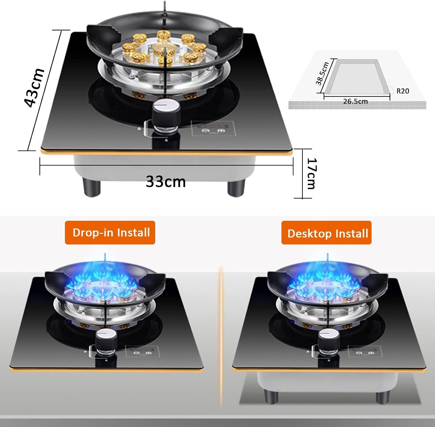 Gas Cooktop 1 Burner, 5.2KW 9-Cavity Timed High Flame, Flame Failure Protection Device and Cast Iron Pot Rack with Flameout Protection Timer, Suitable for Home Kitchens (Size : LPG)