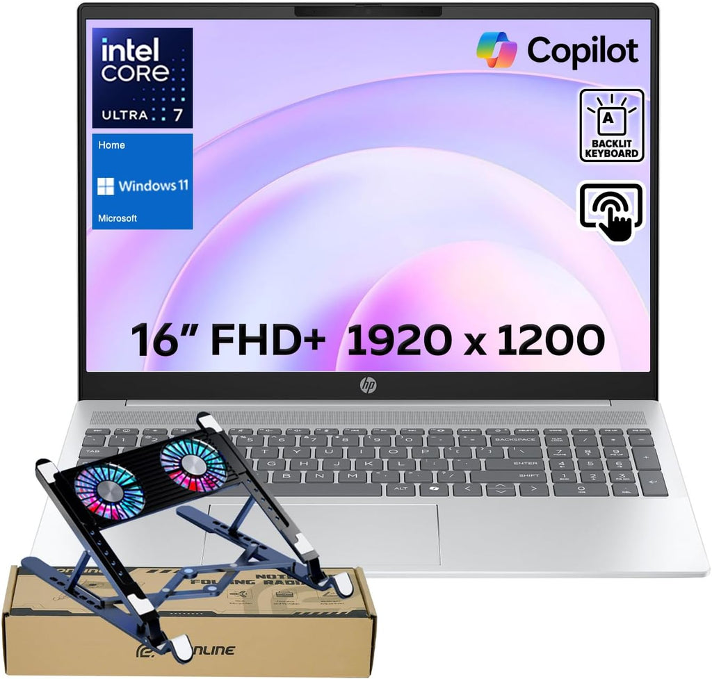 HP OmniBook 5 16' FHD+ Touchscreen Laptop, Business Copilot AI PC, Core Ultra 7 255U, 16GB RAM, 1TB SSD, Backlit, Wi-Fi 6, W11H, Lightweight Silent Design, Silver, Bundle with PCO Laptop Cooler