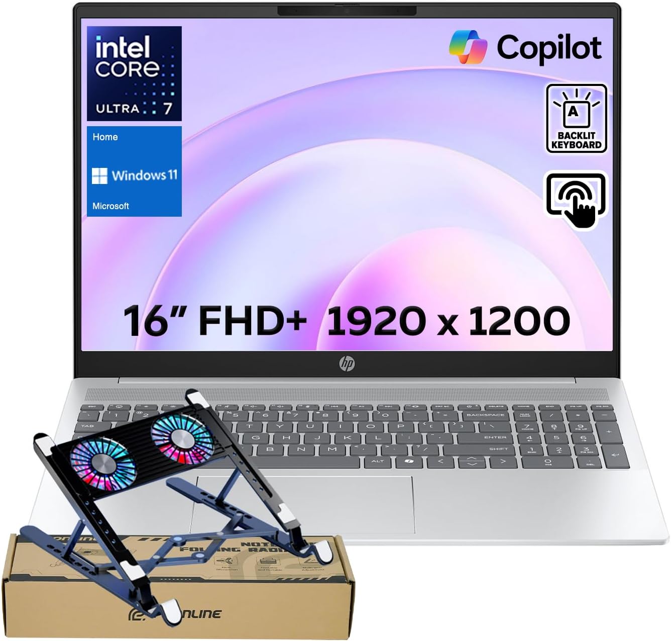 HP OmniBook 5 16' FHD+ Touchscreen Laptop, Business Copilot AI PC, Core Ultra 7 255U, 16GB RAM, 1TB SSD, Backlit, Wi-Fi 6, W11H, Lightweight Silent Design, Silver, Bundle with PCO Laptop Cooler