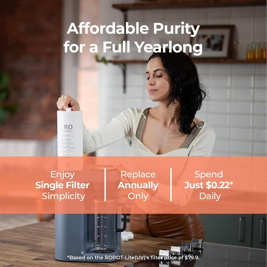 Bluevua RO100ROPOT-Lite Countertop Reverse Osmosis Water Filter System, 3:1 Pure to Drain Ratio, Portable RO Filtration with Remineralization, No Installation, WQA Certified, 7-Stage UV Blue
