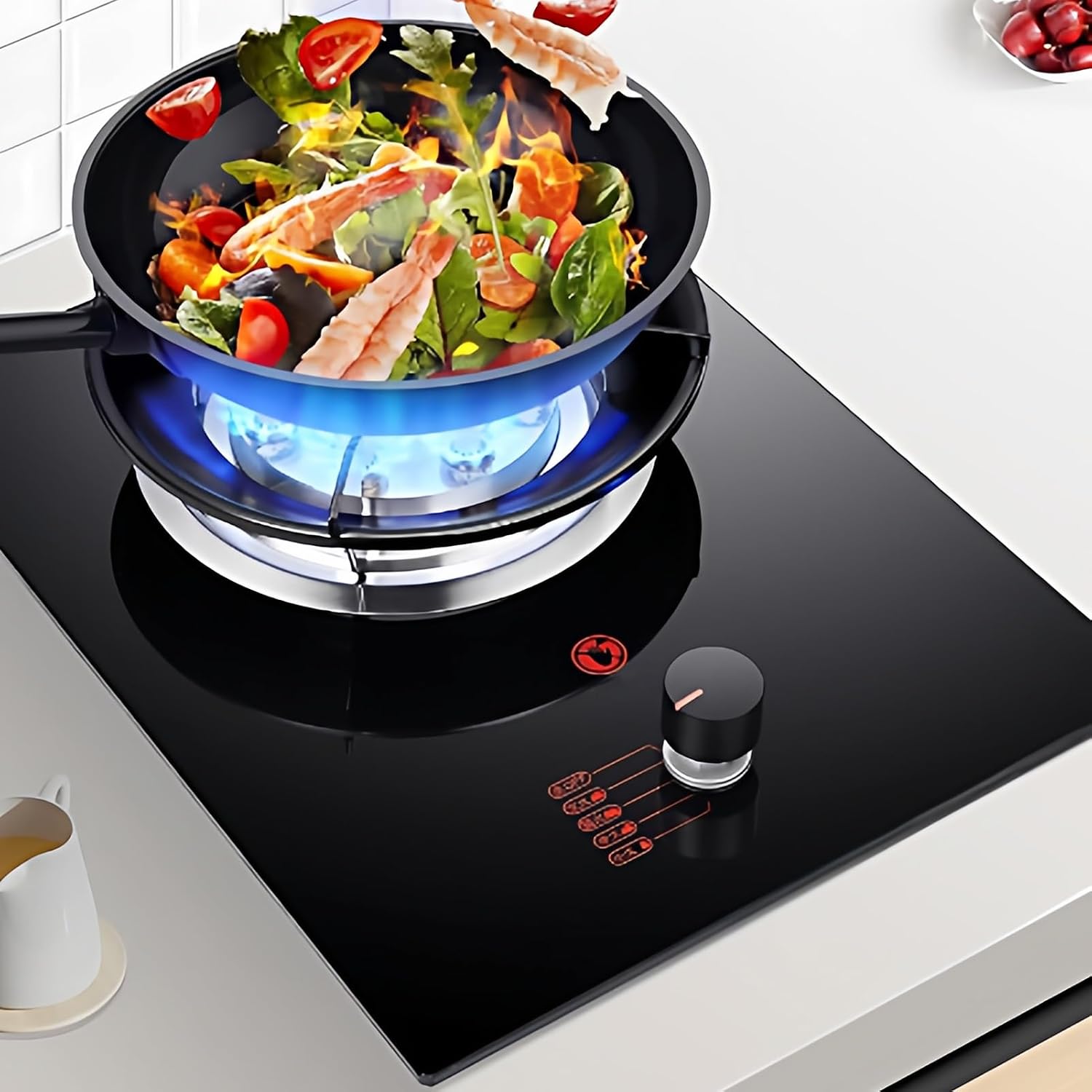 Gas Cooktop 1 Burner,Stainless Steel Countertop Stove,5.2kw 9-Cavity High-fire Timer,Black Tempered Glass,with Flameout Protection,for Home Kitchen(LPG)