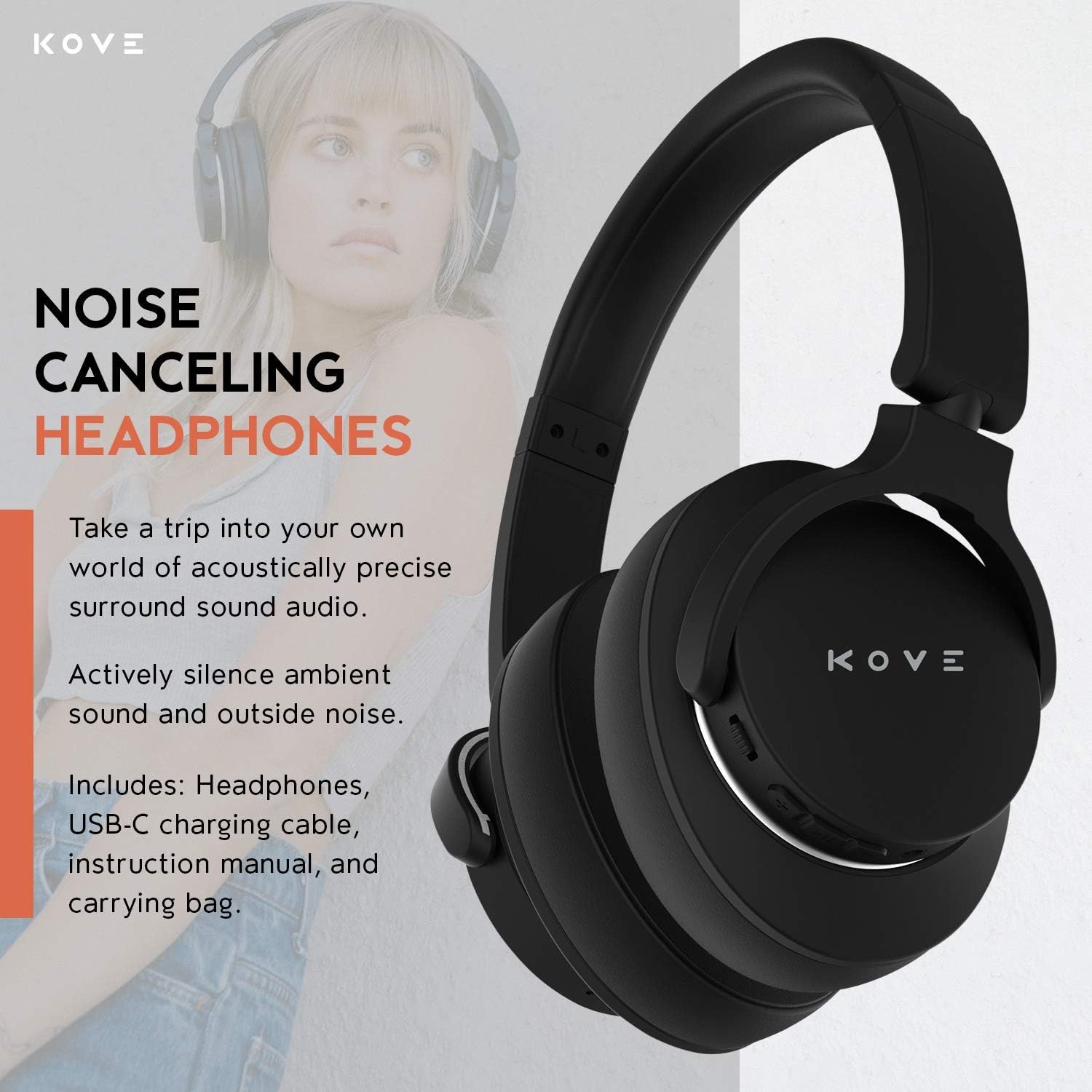 KOVE 101-N Active Noise Cancelling Headphones - Wireless Over-Ear Bluetooth Headphones, 200H Stand-by Time, Hi-Res Audio, Deep Bass, Memory Foam, for Travel, Home and Office - Built-in Microphone