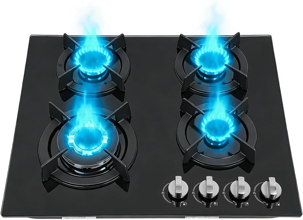 23Inch 4 Burner Built-In Lpg Gas Stovetop,Drop-In Gas Hob with Independent Control Knobs&Backfire Protection,Black Tempered GlassGas Cooktop