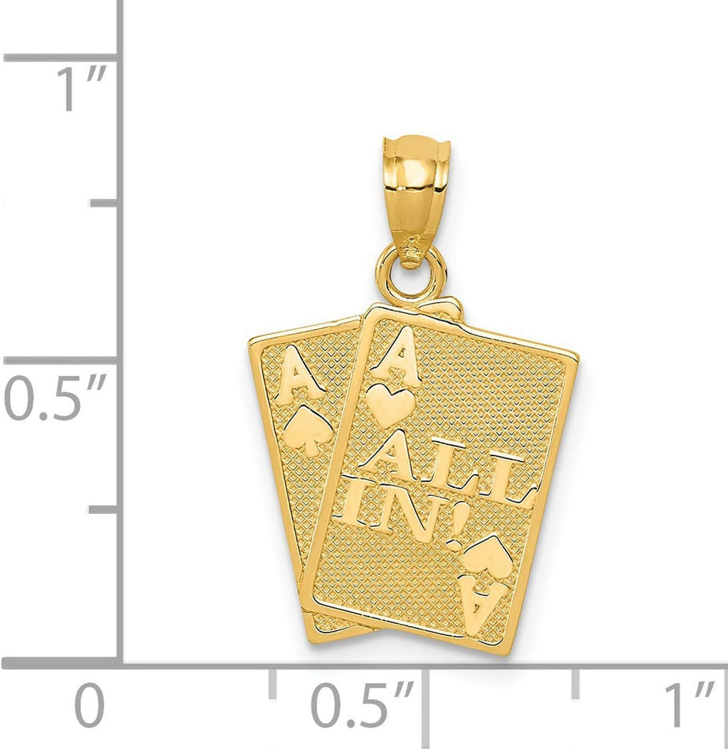 14k Yellow Gold Double Aces Poker Card Pendant, All In Casino Charm | 22 x 14 mm, polished textured finish, solid cast, ace cards theme