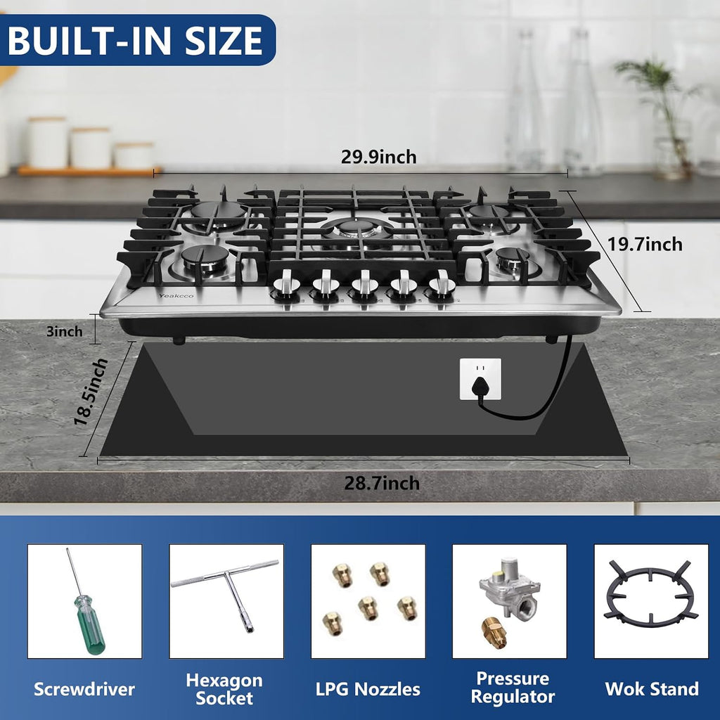 30 Inch Gas Cooktop, Built-in 5 Burners Stainless Steel Stovetop Propane/Natural Gas Convertible Stove Top Dual Fuel Cooktop