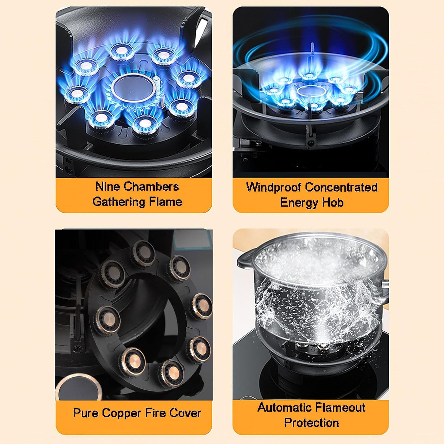 Single-Burner Gas Stove,Tempered Glass Nine-Cavity Timed Natural Gas Stove,Flip Burner,5.2Kw