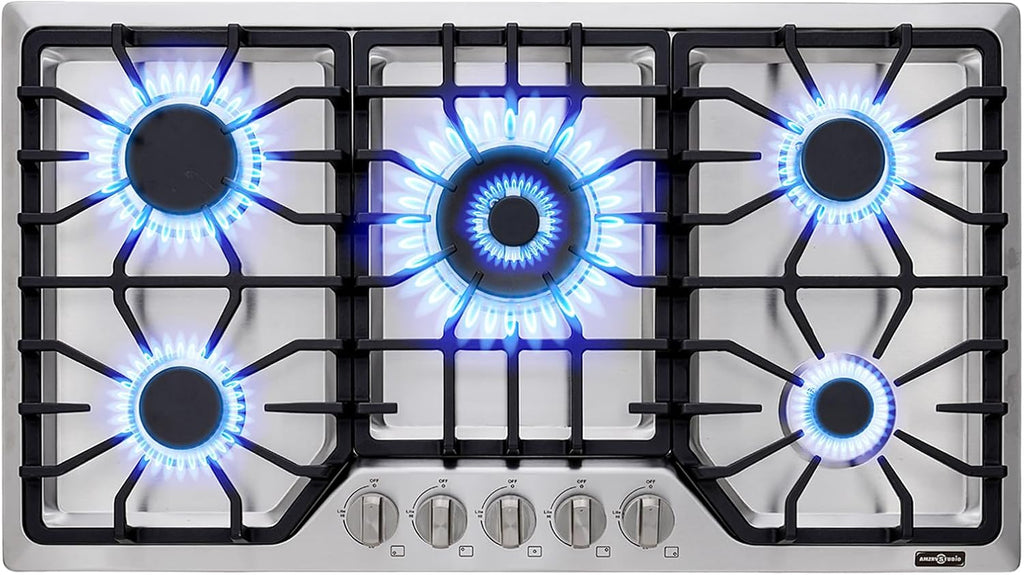 30 inch Gas Cooktop with 5 Italy SABAF Powerful Burners.Max 48,300 BTU/hr Built-in Gas Stove top of 304 Stainless steel,NG/LPG Convertible,ETL.