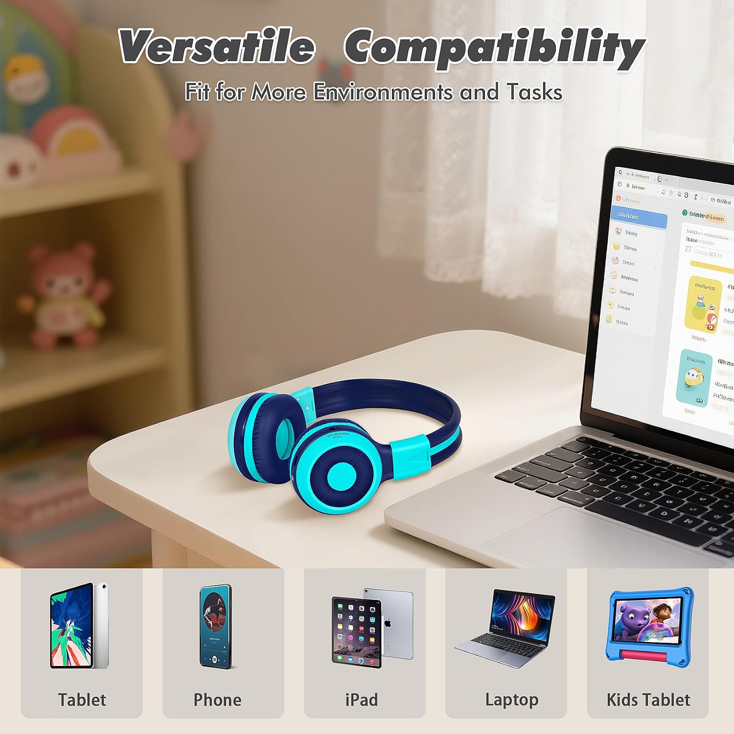 SIMOLIO Kids Wireless Bluetooth Headphones with Mic, Auracast & Volume Limiter, Share Audio, Foldable, Compact Case, Perfect for Travel, School, and Online Learning