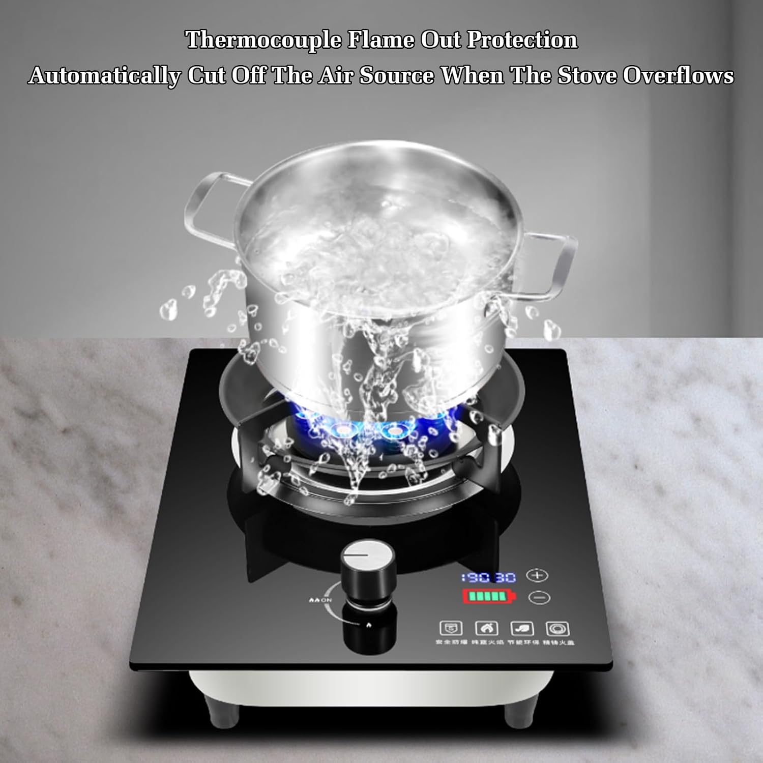 Gas Stove Single Burner,7.0KW Nine-Cavity High-fire Timer,Gas/LP Gas Conversion Stove,Tempered Glass Cast Iron Pot Rack,with Flameout Protection,for Home Kitchen(LPG)