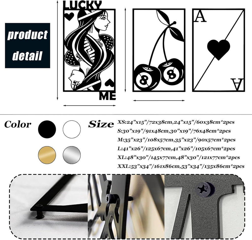kawazu 3Pcs Poker Metal Wall Art, Lucky Me You Wall Art, Royal Flush Metal Wall Art, Playing Cards Metal Wall Art, Ace of Spades Metal Wall Art, Living Room Decor, Game Room Decor (Silver, M)