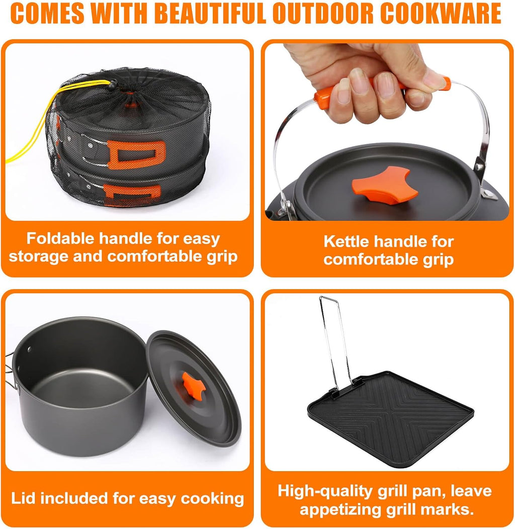 Hisencn Camping Stove,2 Burner Propane Stove,20000 BTU/h Camping Cooking set Includes Frying Pan,Kettle and Pot,Adjustable Burners & Piezo Ignition,Portable stove for camping Outdoor,Red