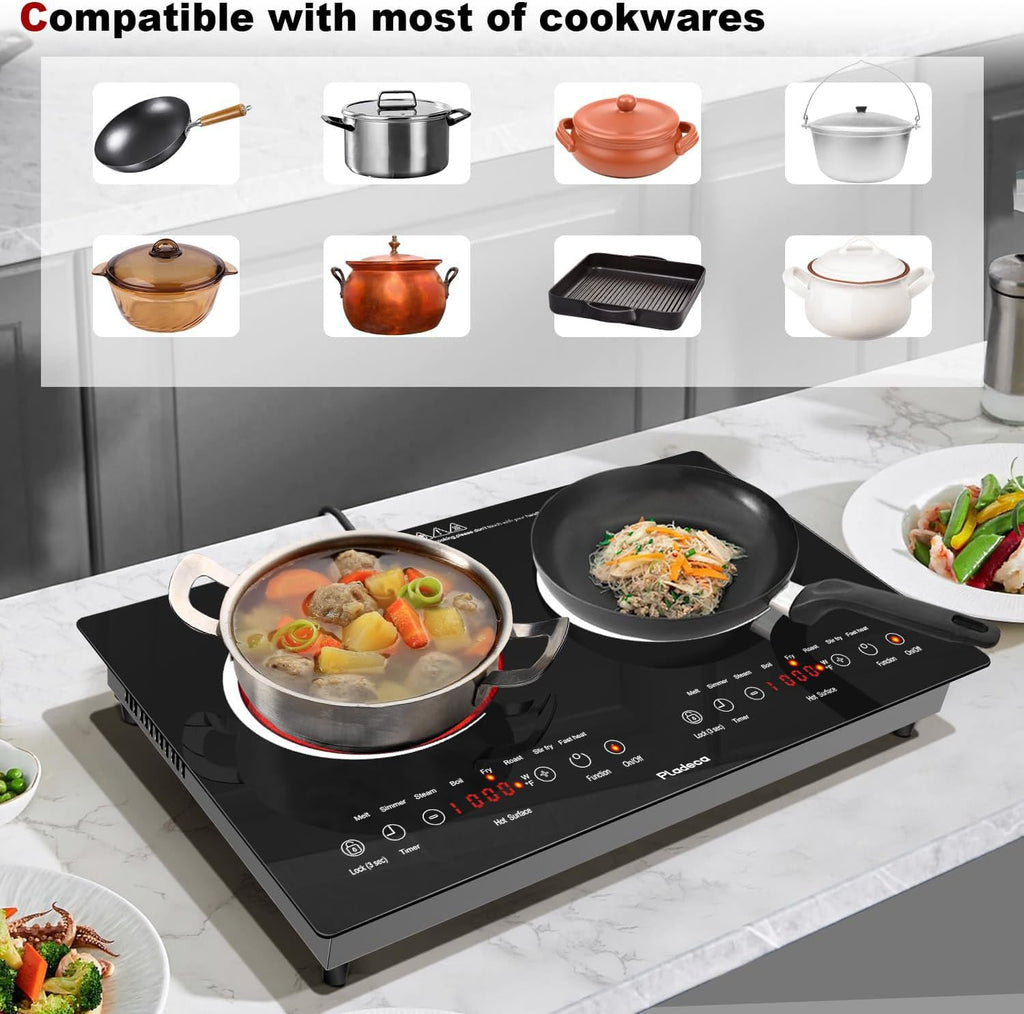 2 Burners Electric Cooktop, 24 Inch Stove top Touch Control, 110v~120v Built-in Elecric Stove Top with Outlet Plug, Child Safety Lock, Timer