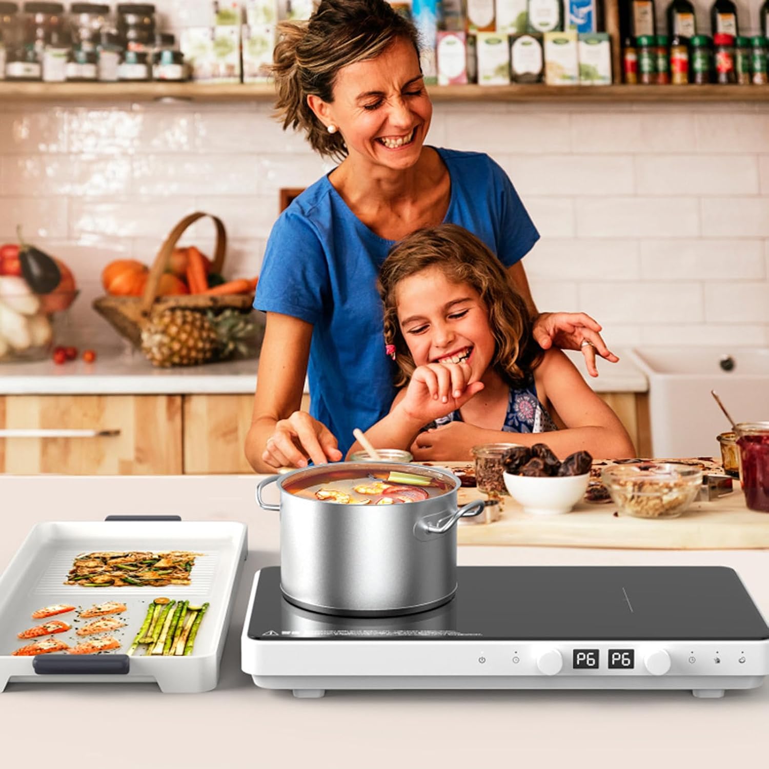 Dual Induction Cooktop, 2 Burner Electric Cooktop with Removable Griddle Non-Stick, Induction Burner, Suitable for Magnetic Cookware