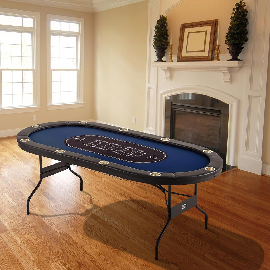 VEVOR 10 Player Poker Table Foldable, Portable Folding Card Board Game Table, Casino Leisure Table, Blackjack Texas Holdem Table with Padded Rails and Stainless Steel Cup Holders,Blue (84 in)