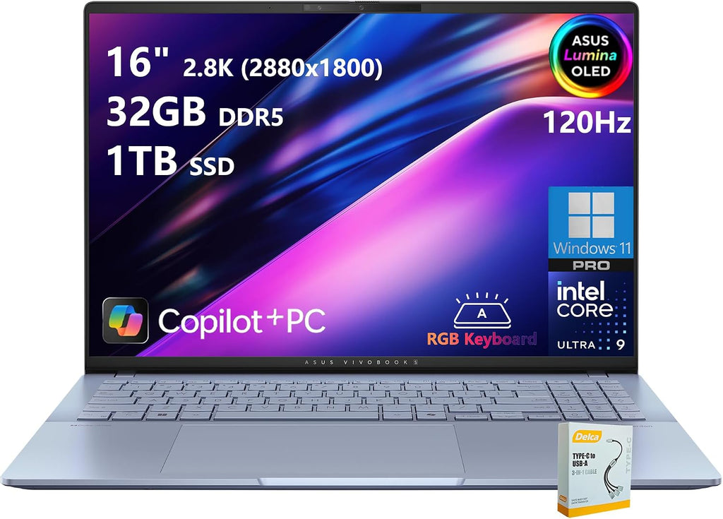 ASUS Vivobook S16 AI PC Laptop | 16' 2.8k OLED 120Hz | Intel Core Ultra 9 285H | 32GB DDR5 1TB SSD | RGB Backlit for Creator Designer Business Professional Win11 Pro w/DLCA Accessory