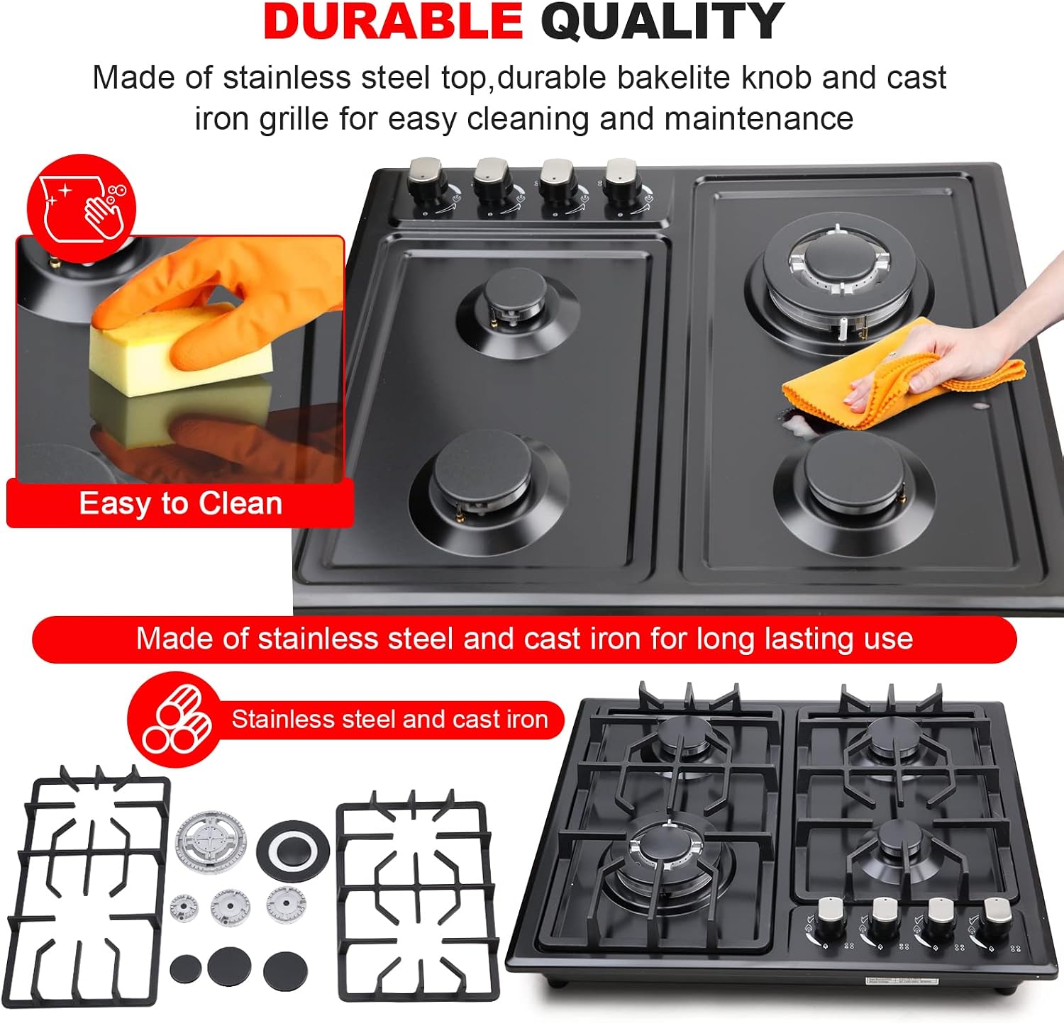 FORIMO Gas Cooktop 22Inch，Built in Gas Cooktop 4 Burners Stainless Steel Stove with NG/LPG Conversion Kit Thermocouple Protection and Easy to Clean