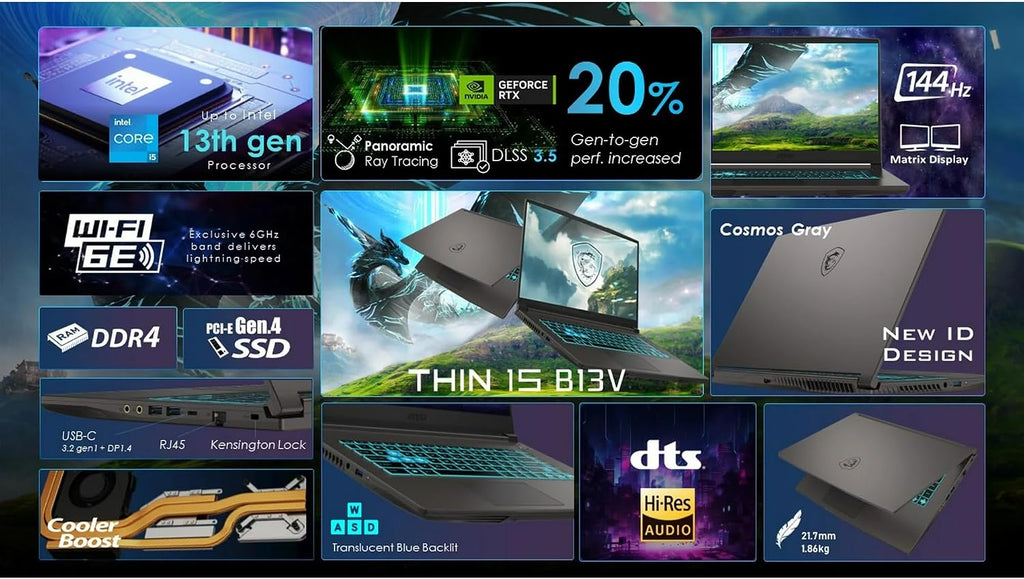 MSI Thin Gaming Laptop, 15.6' FHD 144Hz, Intel i5-13420H, NVIDIA Geforce RTX 4050, 16GB RAM, 1TB NVMe SSD, Windows 11 Pro, Gray