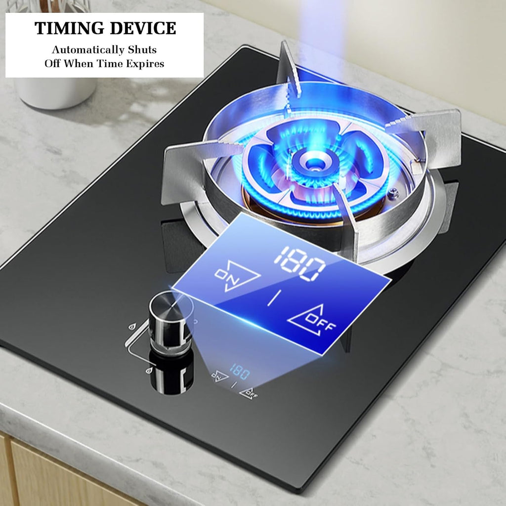 Gas Stove,Single Burner,Kitchen Counter Top Stove 5.2KW Gas,Tempered Glass Cast Iron Pot Rack,with Flameout Protection and Timer,for Home Kitchen(LPG)
