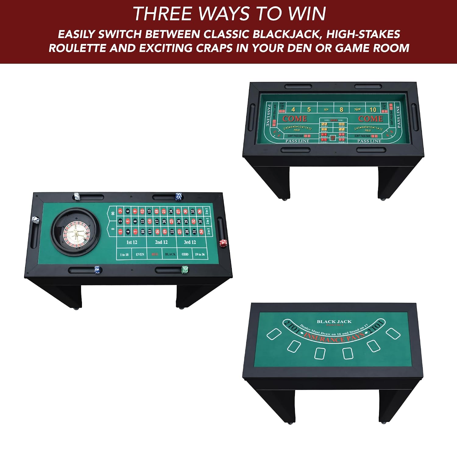 Hathaway Classic Monte Carlo 4 in 1 Casino Game Table - Includes Craps Table, Roulette Table Top, Blackjack Table Top Which Can Be Used as Poker Table Top, Bar Table Top, & Complete Game Accessories