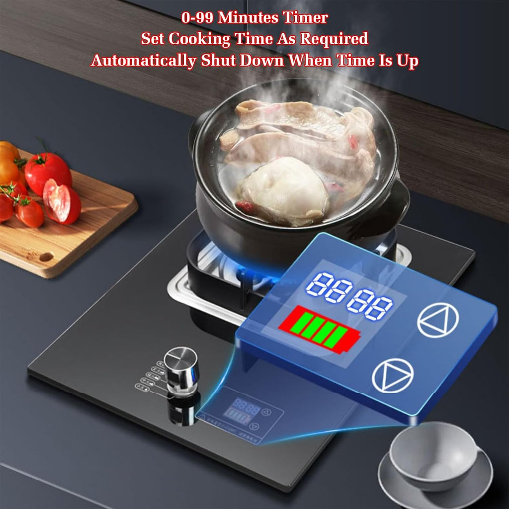 Gas Stove,Single Burner,5.2KW Camping Gas Cooker,Gas/LP Gas Conversion Stove,Tempered Glass Cast Iron Pot Rack,with Flameout Protection and Timer,for Home Kitchen(LPG)