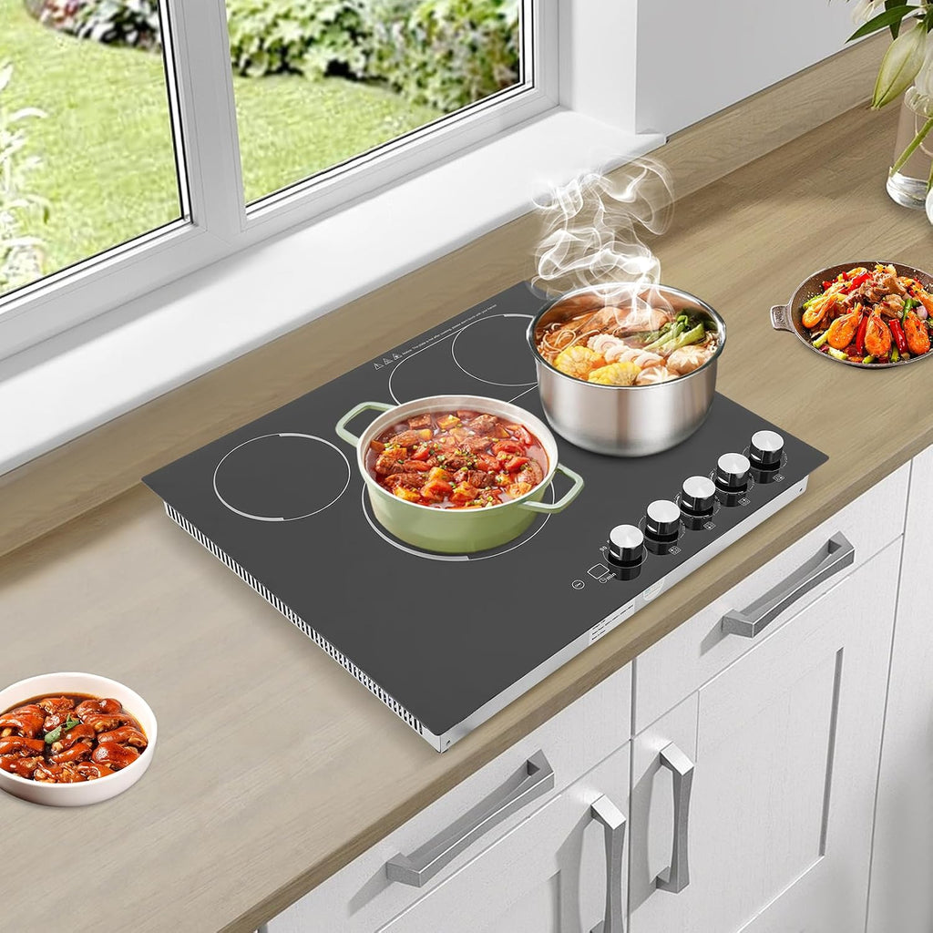 Electric Ceramic Cooktop 4 Burners, 110V Electric Stove Top Firepower Gears Adjustable with LED Display&Child Safety Lock, for Kitchen Hotel Restaurant (4-Burners, C43-MS)