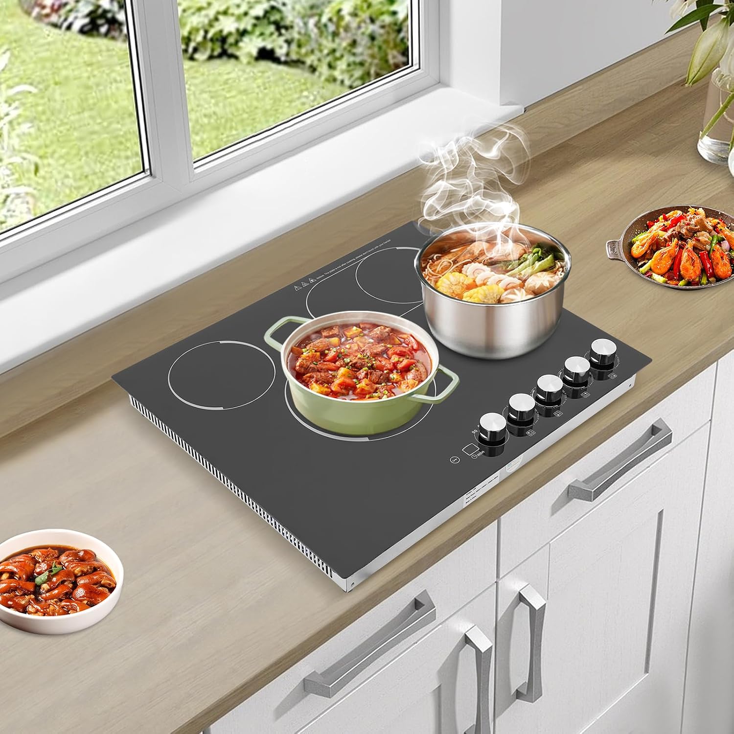 Electric Ceramic Cooktop 4 Burners, 110V Electric Stove Top Firepower Gears Adjustable with LED Display&Child Safety Lock, for Kitchen Hotel Restaurant (4-Burners, C43-MS)