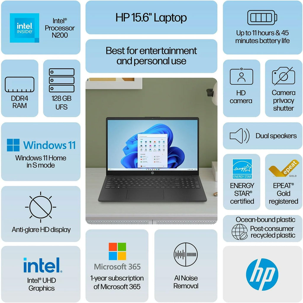 HP 15.6' Portable Laptop (Include 1 Year Microsoft 365), HD Display, Intel Quad-Core N200 Processor, 8GB RAM, 128GB Storage, Wi-Fi 6, Webcam, HDMI, Numeric Keypad, Windows 11 Home, Black