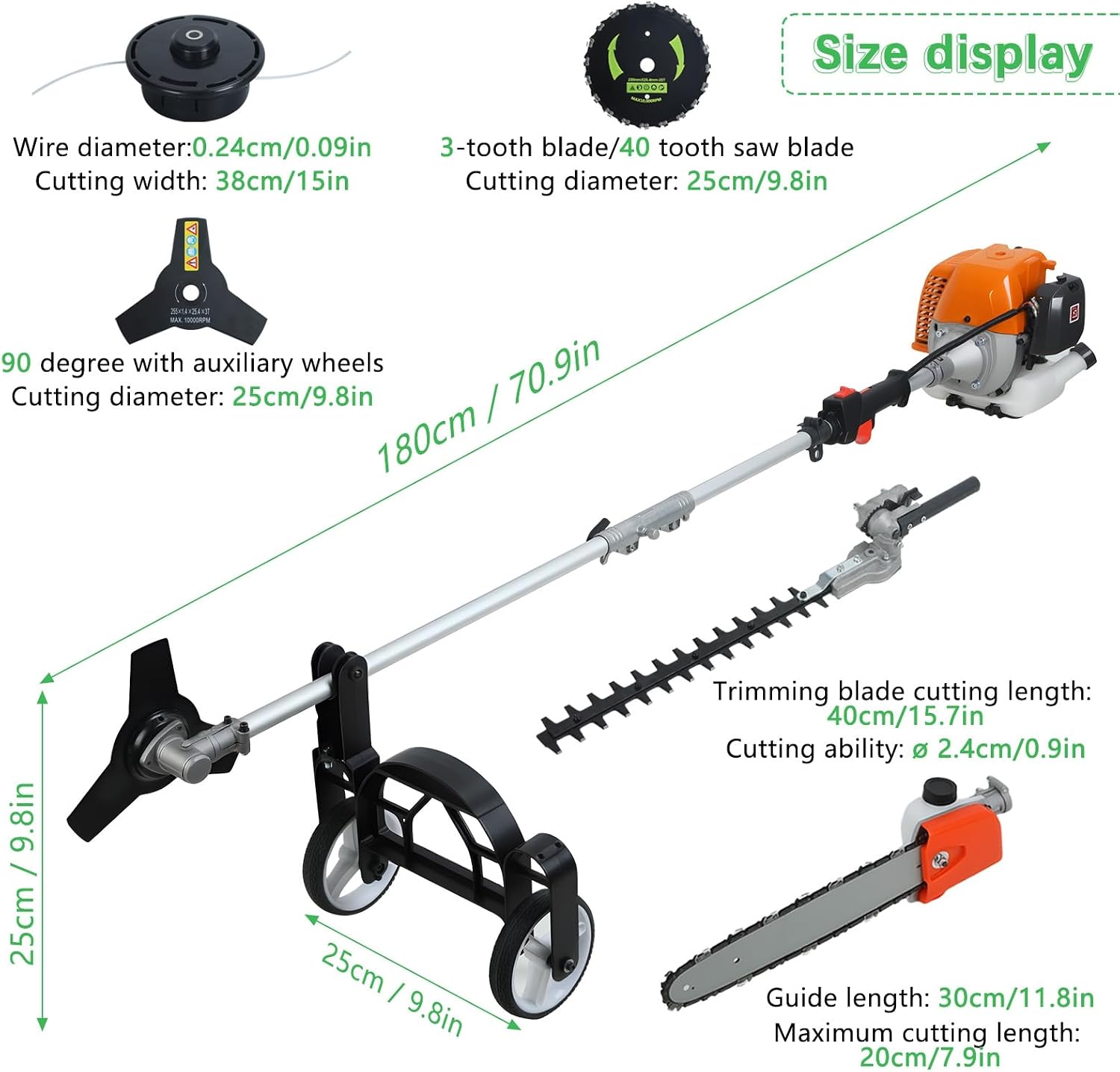9 in 1 Gas Hedge Trimmer,Weed Eater Gas Powered Multi-Functional Trimming Tool 52CC 2-Cycle Weed Eater Wacker String Trimmer Brush Cutter Edger Pole Saw Weed Whacker Pruner with Extension Pole Orange