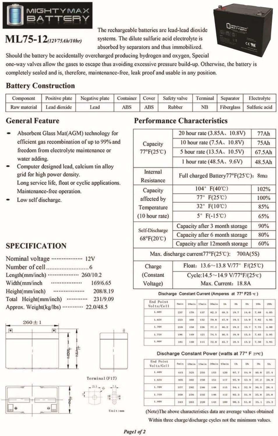 ML75-12 - 12 Volt 75 AH, Nut and Bolt (NB) Terminal, Rechargeable SLA AGM Battery