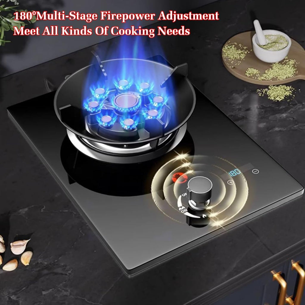 1 Burner Gas Stove,4.8KW 9-Chamber Fire Ring Frying Pan,Tempered Glass Cooktop,with Flameout Protection and Timer,NG/LPG Gas Conversion(NG)