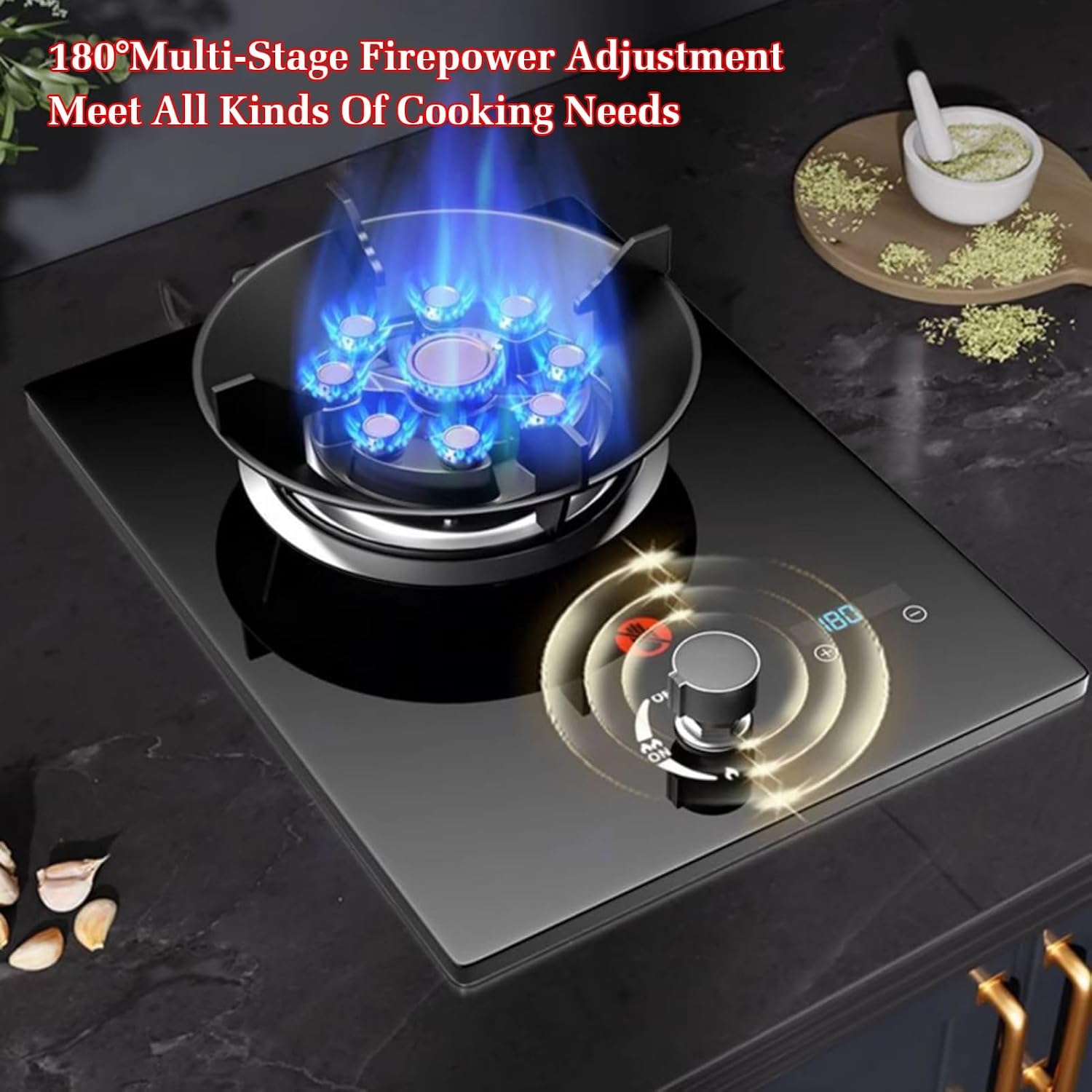 1 Burner Gas Stove,4.8KW 9-Chamber Fire Ring Frying Pan,Tempered Glass Cooktop,with Flameout Protection and Timer,NG/LPG Gas Conversion(NG)