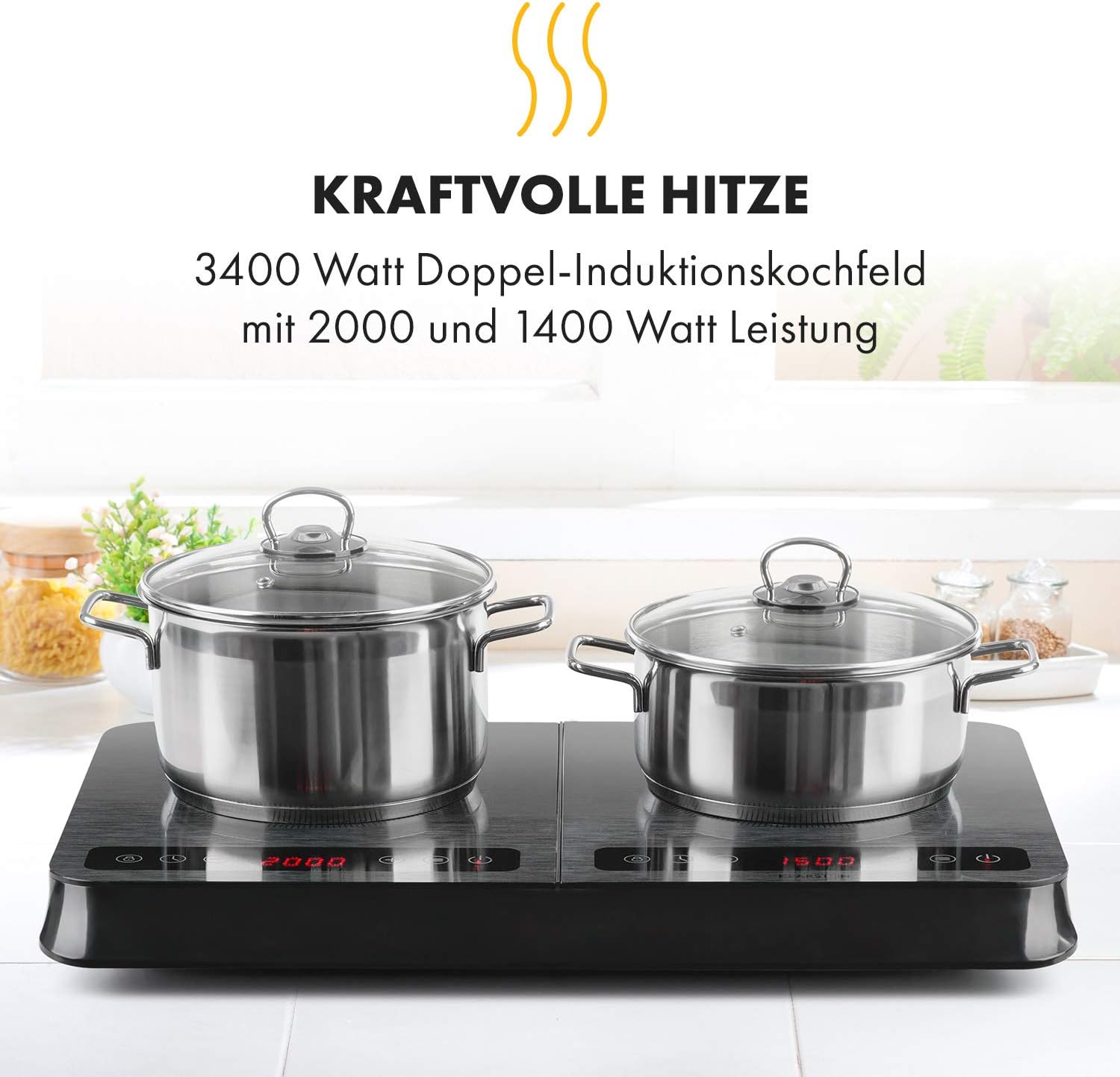Klarstein InnoChef - Double Induction Hob, 3400 W, Touch Control, Pot Sensor, Shutdown Timer, 10 Levels, Overheat Protection, Child Safety Lock, Glass Ceramic, Black/Grey