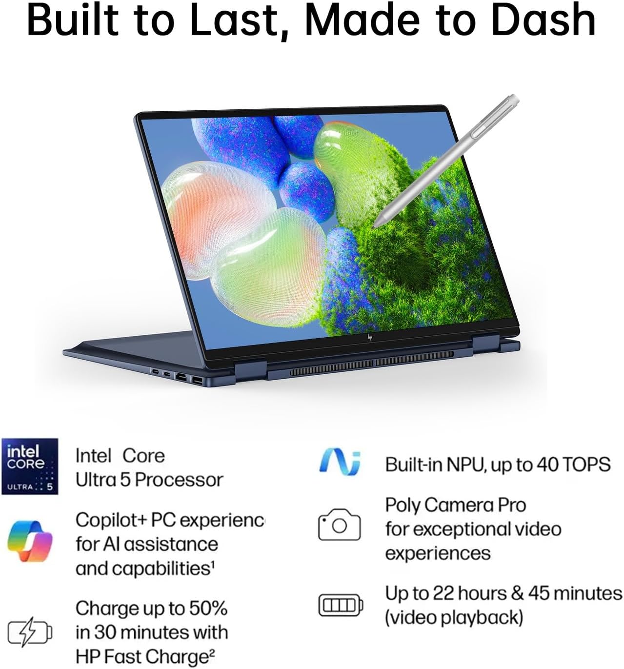 HP OmniBook X Flip 14 2-in-1 Laptop, Laptop Touchscreen 14' WUXGA IPS, Intel 8-core Ultra 5 226V, Intel Arc 130V GPU, 16GB RAM 1TB SSD, Thunderbolt 4, Windows 11 for Designer Business Professional