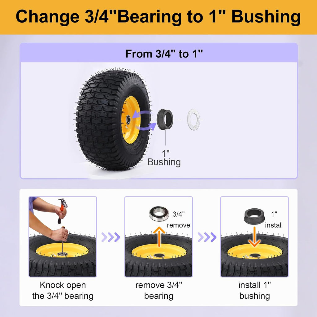 16x6.5-8 Tubeless Tire and Wheel,2 Pcs Replacement Riding Lawn Mower Garden Tractor Front Wheel Tire and Wheel with 3' Offset Hub, 3/4' Bearing or 1' Bore Bushing