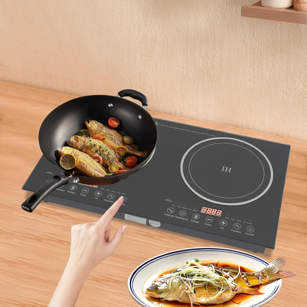 Portable Induction Cooker Cooktop Countertop Double Burner Independent Control, 1200W+1200W Low Noise Electric Cooktops 110V Induction Cooker Heater with 8 Gear Firepower for Kitchen Cooking