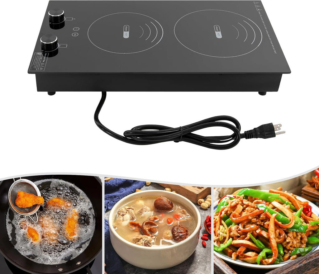 Electric Hob Cook Top Stove,110V Induction Cooktop, Electric Stove, 2 Burners Ceramic with Knob Control, Cooktop Timer