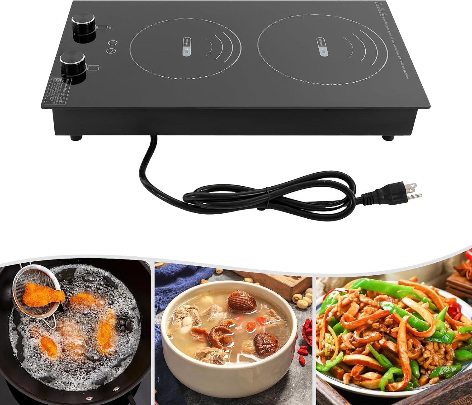 Electric Hob Cook Top Stove,110V Induction Cooktop, Electric Stove, 2 Burners Ceramic with Knob Control, Cooktop Timer