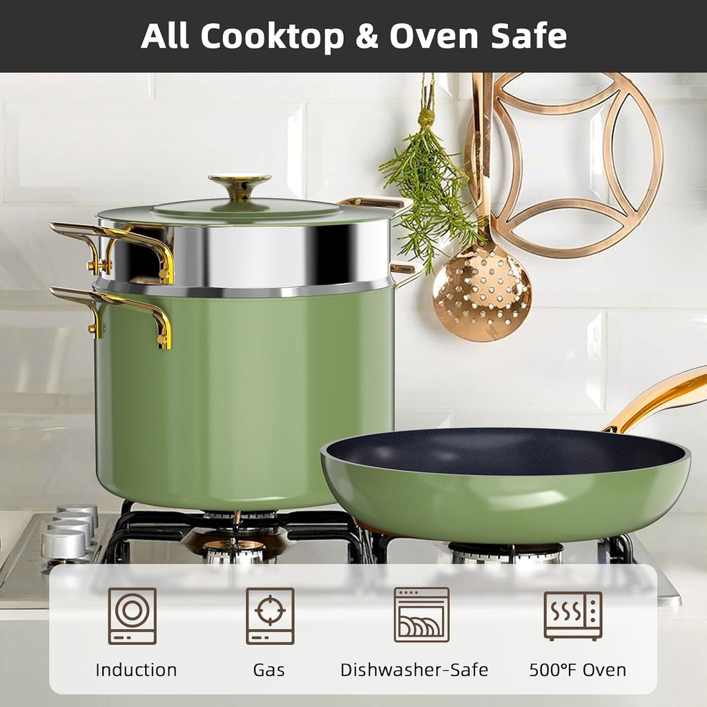Nuwave Lux LE 13-Pc Cookware Set with Elegant Gold Handle, Diamond Infused Ceramic Non-Stick, PFAS Free, Premium Metal Lids, Ergonomic Stay-Cool Handles, Induction Ready & Compatible w/All Cooktops