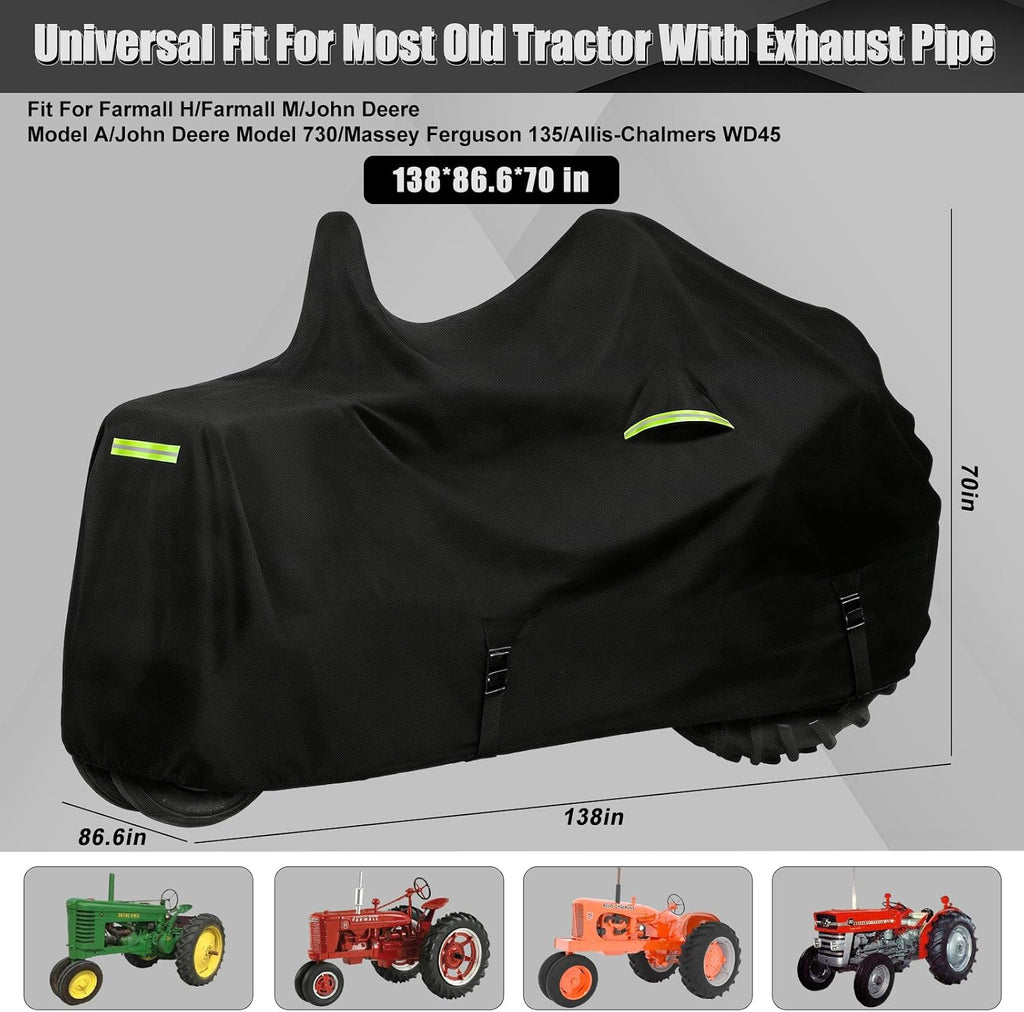 Waterproof Tractors Cover Fit Most Classic Tractor with Pipe, 420D Oxford Cloth with Cotton Liner Tractors Cover for Snow Rain Hail Dust Protection, 138 L x 87 W x 70 H in