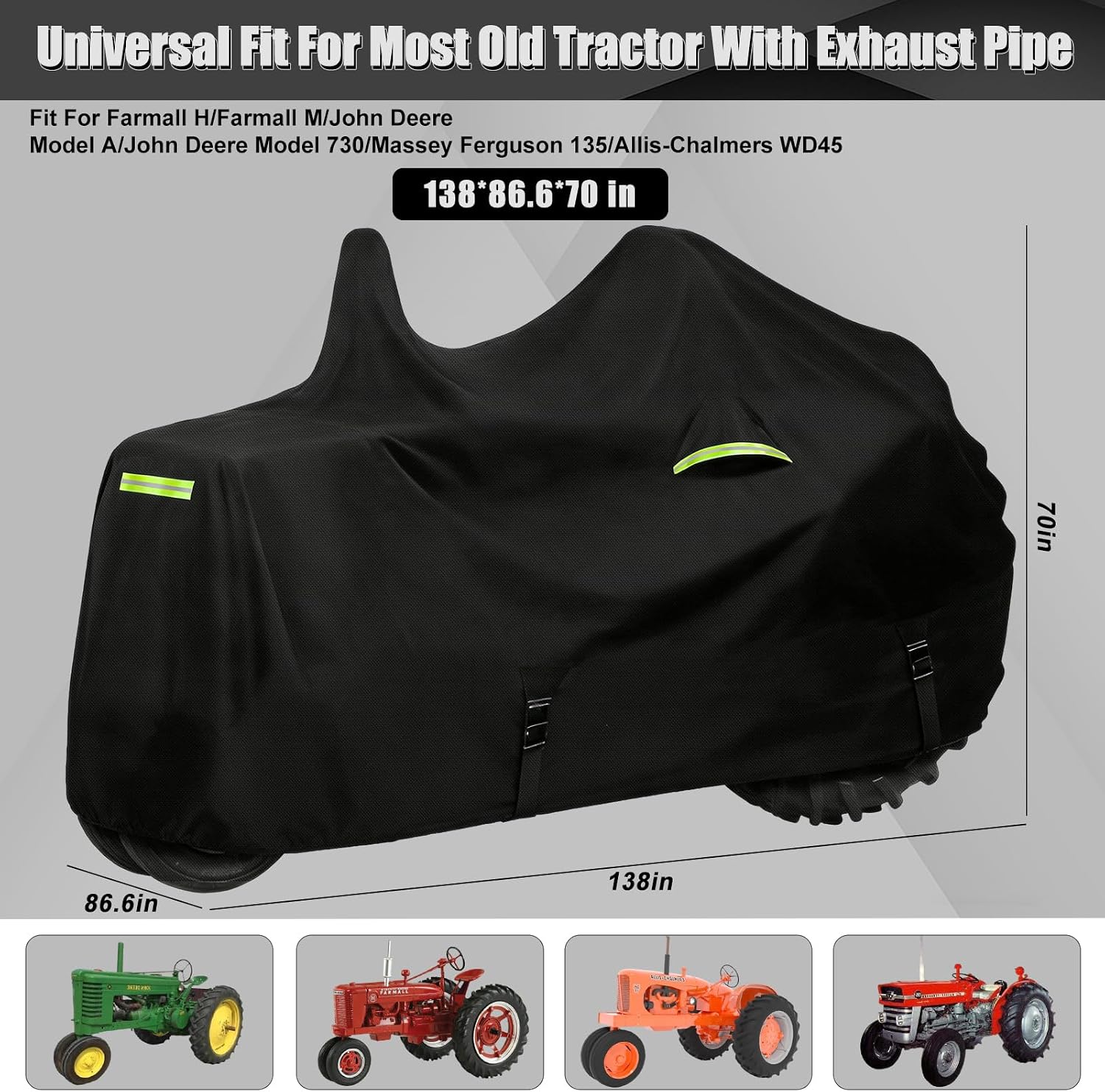 Waterproof Tractors Cover Fit Most Classic Tractor with Pipe, 420D Oxford Cloth with Cotton Liner Tractors Cover for Snow Rain Hail Dust Protection, 138 L x 87 W x 70 H in